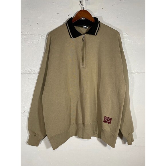 Vintage Russell Athletic USA Made Quarter Zip Sweatshirt XL Tan Black 90s Y2K - Picture 2 of 12